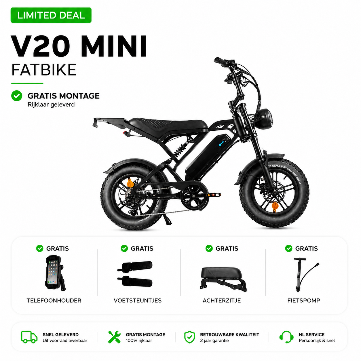 LIMITED DEAL! Qmwheel V20 Pro Mini Zwart 2026 Model + Zitje + Voetsteunen + Telefoontas
