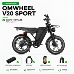 LIMITED DEAL! QMWheel V20 Sport Zwart + Telefoonhouder + Voetsteunen + Ringslot + Opbergtassen + Voorrekje